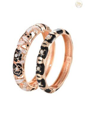 Enameled Rhinestone Hinged Cuff Bracelet Set Spring Clasp